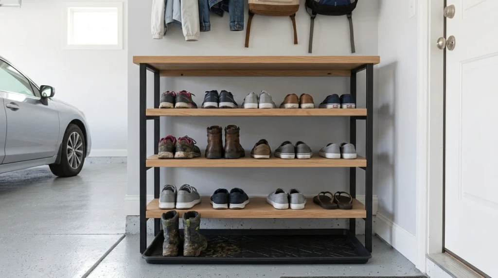 Multi-tier wooden and black metal shoe rack with neatly arranged shoes and a bottom drip tray in a garage entry.