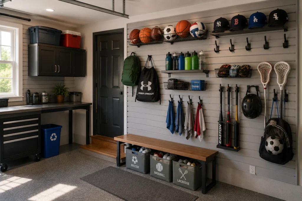 Slatwall system with adjustable hooks, baskets, shelves, and changing sports gear in a garage.