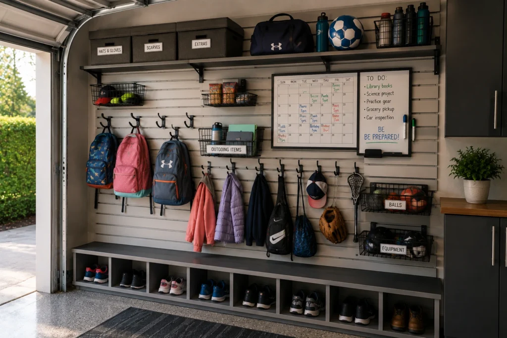 Flexible garage slatwall system with adjustable hooks, shelves, baskets, backpacks, and family gear.
