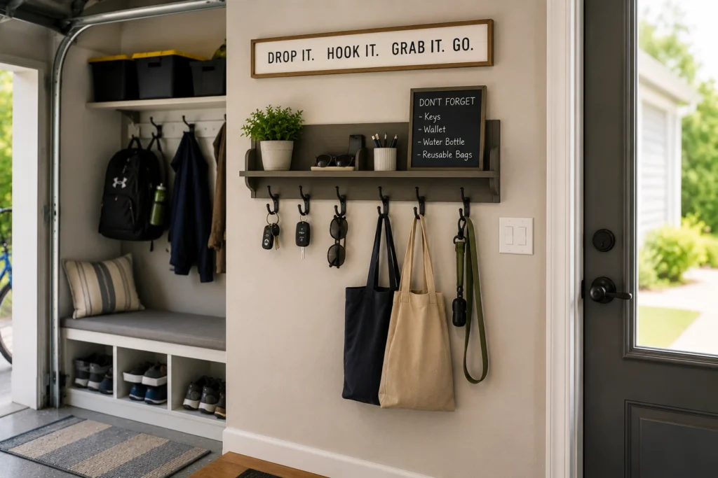 Small garage mudroom drop zone with hooks for keys, sunglasses, reusable bags, and everyday essentials