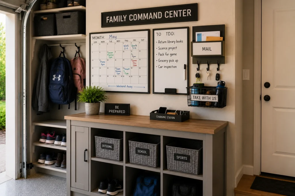 Small family command center in a garage mudroom with calendar, mail organizer, key hooks, and storage baskets.