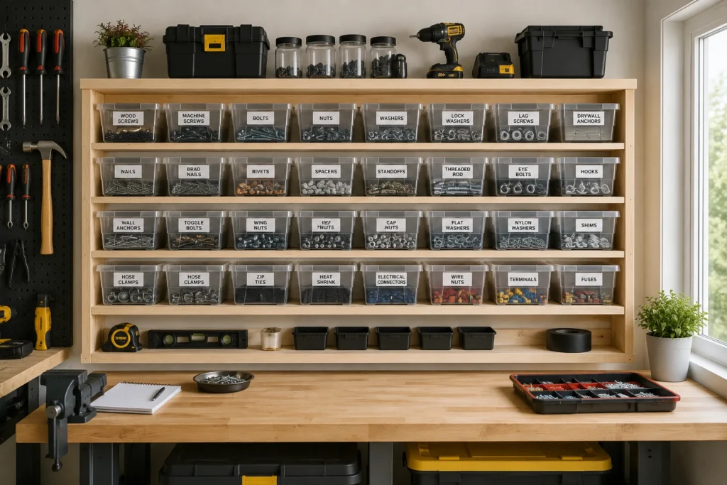 small-parts garage storage wall with labeled bins for screws bolts and hardware.