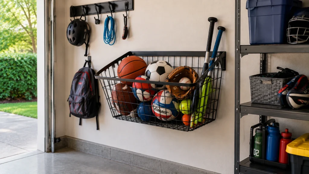 Wall-mounted sports equipment basket holding basketballs, soccer balls, volleyballs, and other sports gear in a garage