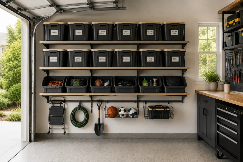 Garage wall shelving with organized storage bins for camping, gardening, tools, cleaning supplies, and seasonal gear.