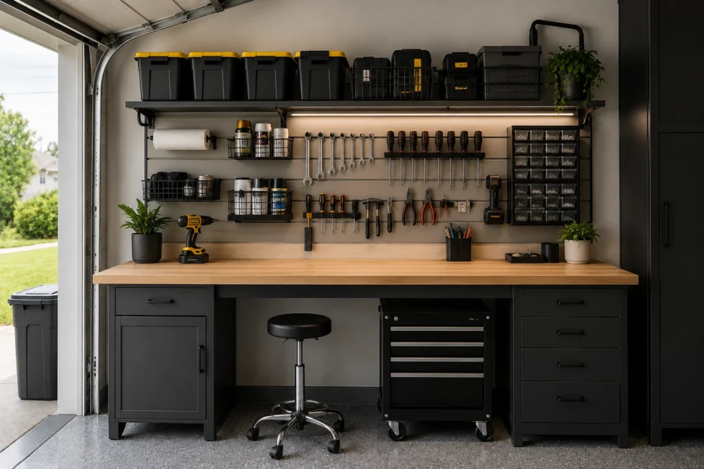Organized garage workbench with wall-mounted shelves, pegboard, tools, storage bins, and cabinets above the workspace.