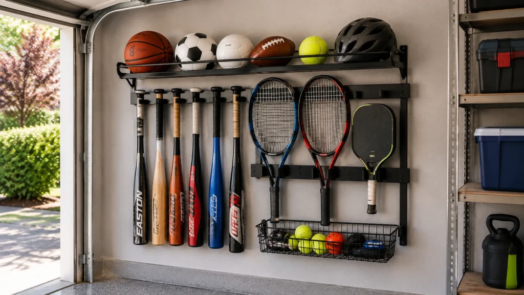 Wall-mounted vertical storage rack organizing baseball bats, tennis rackets, and pickleball paddles in a garage.