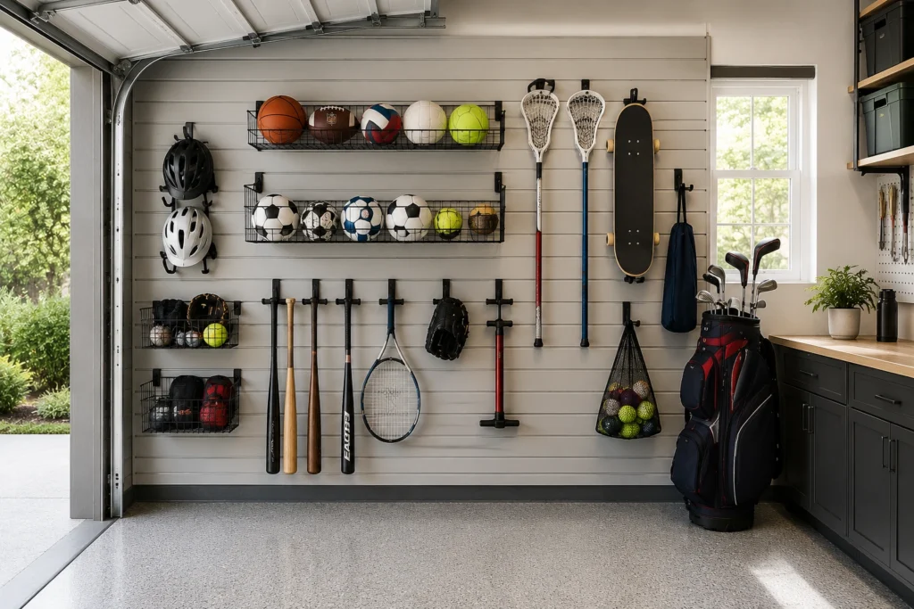 Organized garage wall with sports equipment stored on hooks, racks, and baskets, including balls, helmets, bats, rackets, and a skateboard.
