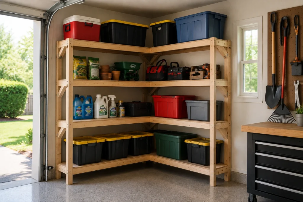 DIY custom shelving built into an unused garage corner for organized storage.