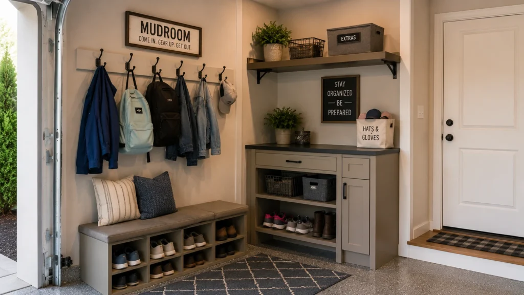 Unused garage corner converted into a mudroom extension with wall hooks, shoe storage, and a narrow cabinet.