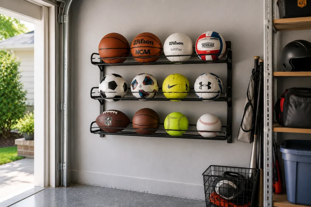 Wall-mounted ball storage rack holding basketballs, soccer balls, volleyballs, footballs, and baseballs in a garage.