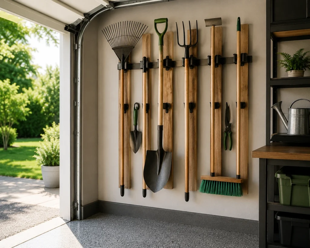 Vertical garden tool rack holding rakes, shovels, forks, hoes, brooms, and hand gardening tools on a garage wall.
