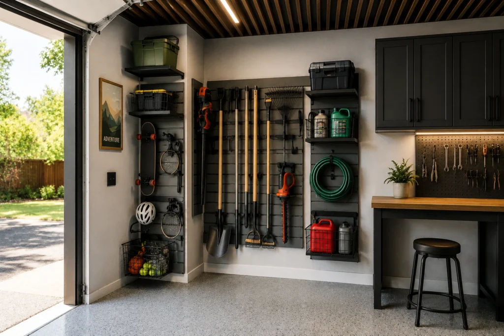 Garage corner transformed with vertical wall storage for garden tools, sports gear, bins, and everyday equipment.