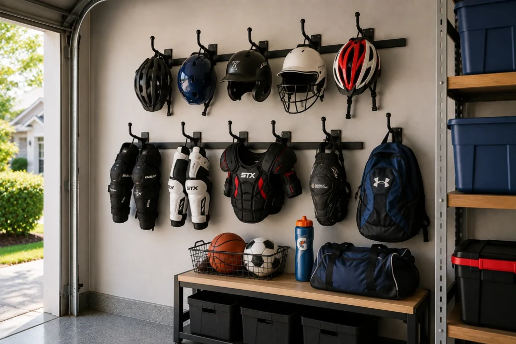 Wall hooks organizing helmets, protective pads, guards, and sports bags in a garage.