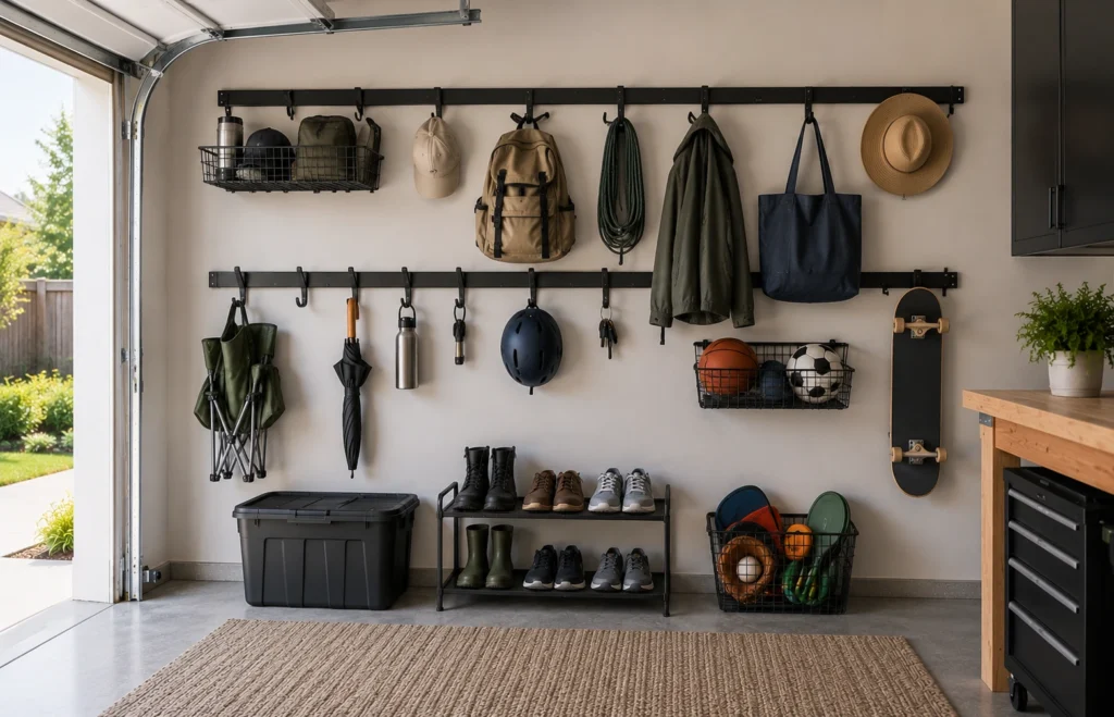 Wall hooks and rails organizing everyday gear including bags, jackets, helmets, shoes, and sports equipment in a garage