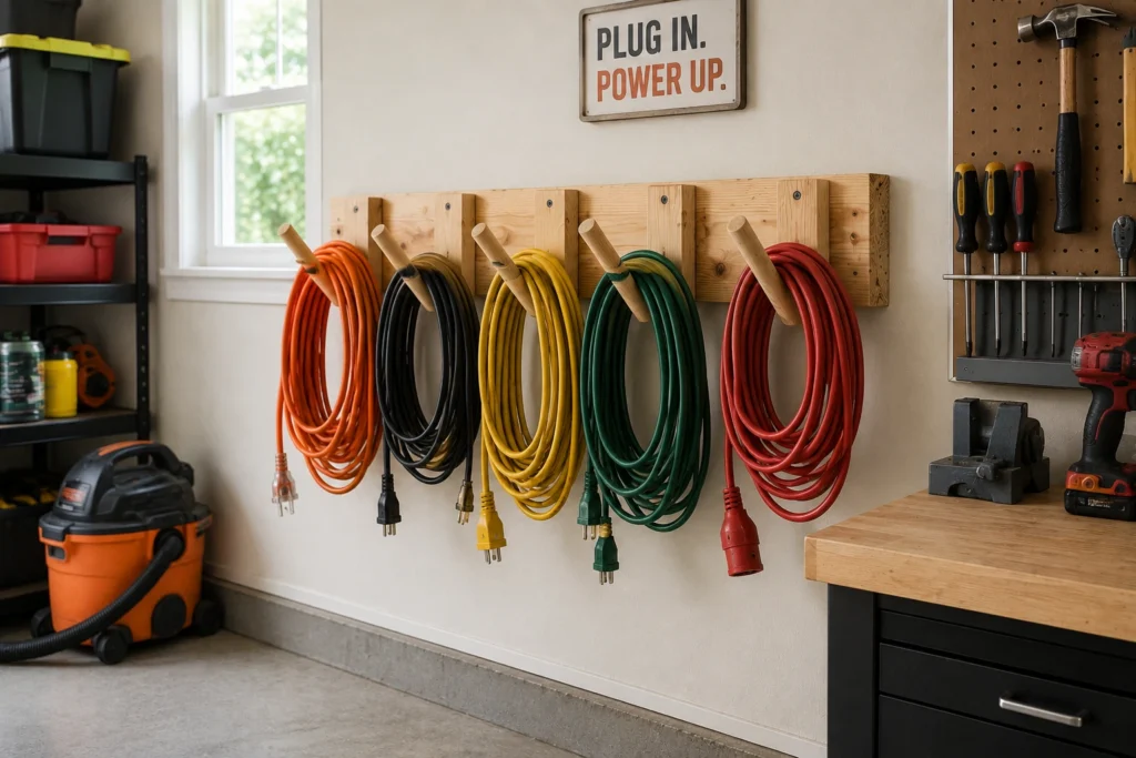DIY wall-mounted extension cord rack with neatly coiled colorful cords in a garage workshop.