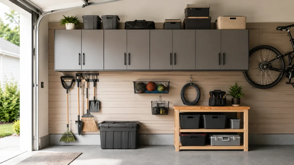 Wall-mounted garage cabinets providing clean and organized storage