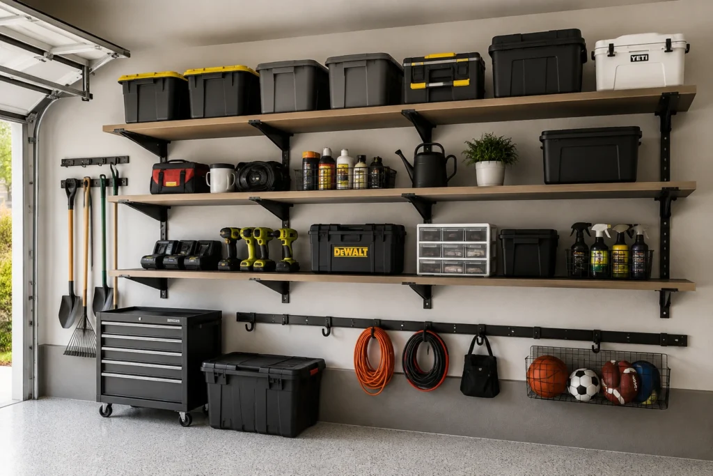 Wall-mounted garage shelves with storage bins, tools, sports equipment, and organized wall storage in a modern garage.