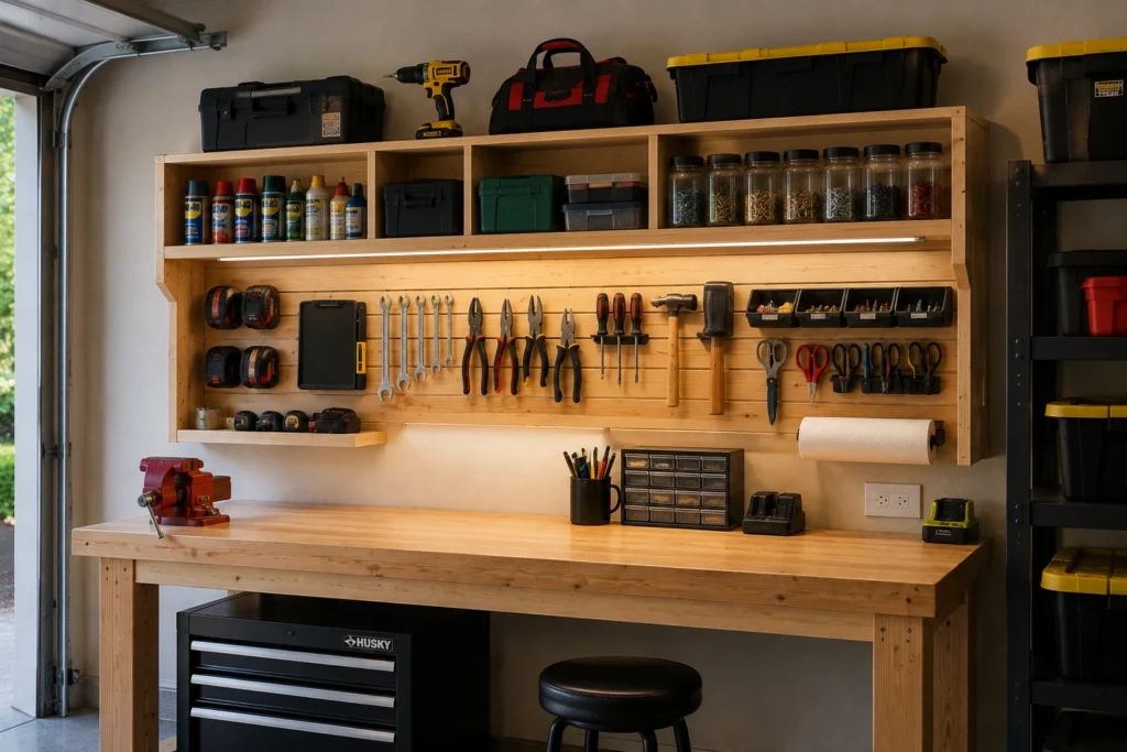 DIY wall organizer above a garage workbench with neatly arranged tools and hardware.