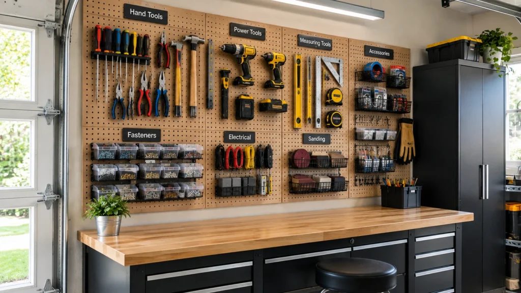 Garage pegboard with organized hand tools, power tools, hardware bins, baskets, and workshop accessories.