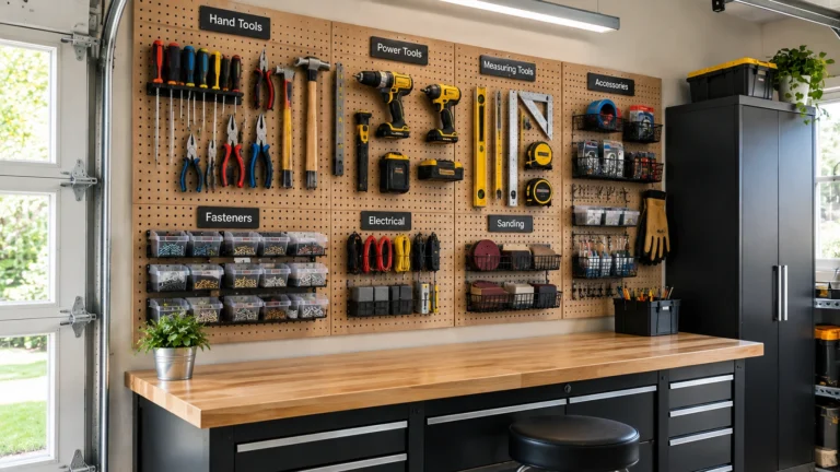 Garage pegboard with organized hand tools, power tools, hardware bins, baskets, and workshop accessories.