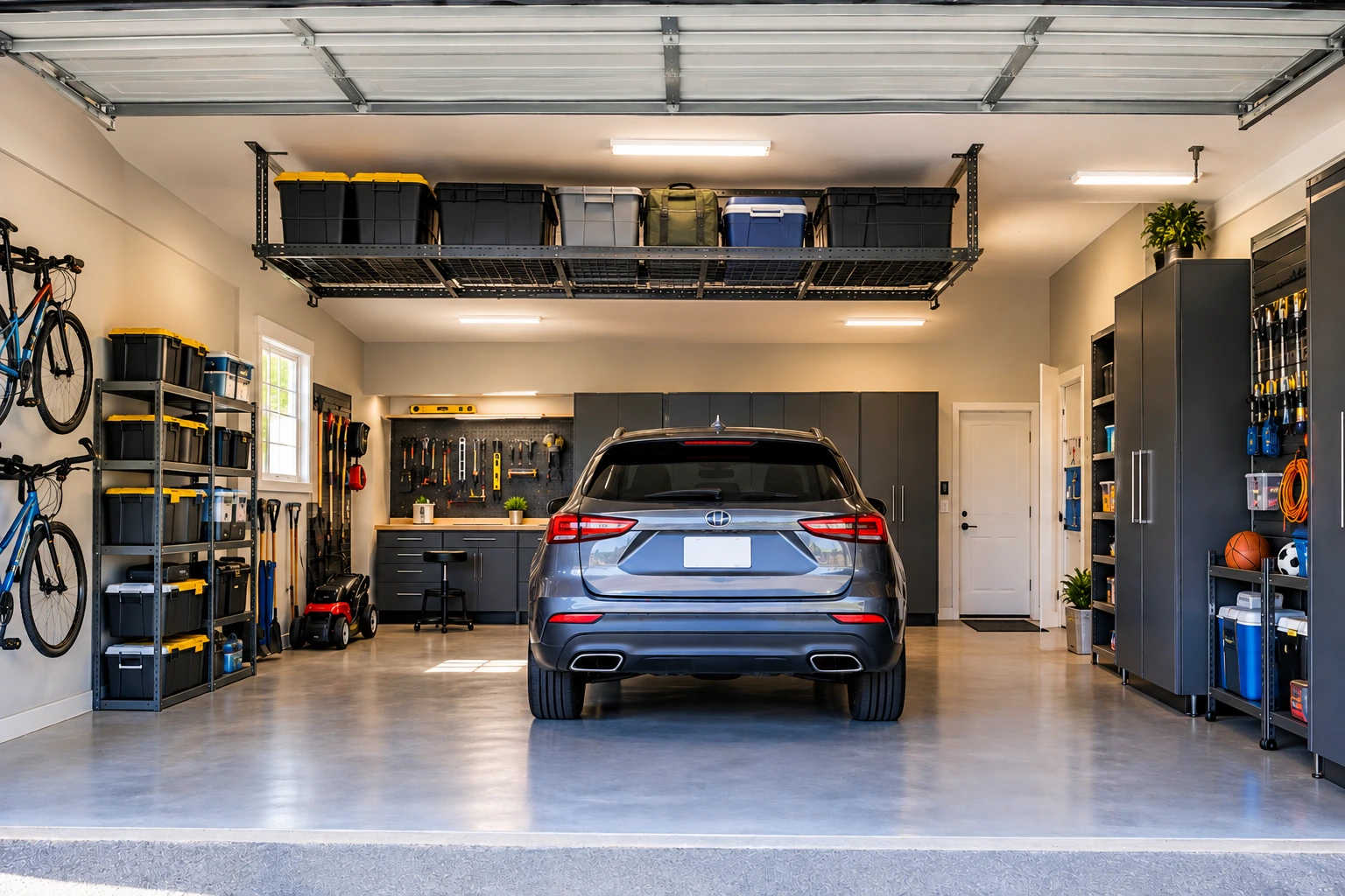 Organized garage with parked SUV, wall storage, cabinets, and clear parking space.