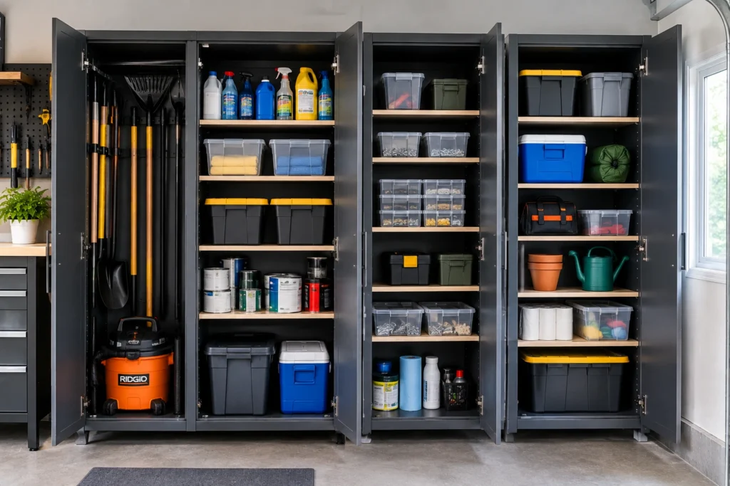 Garage cabinet with adjustable shelves for bottles bins hardware and storage items