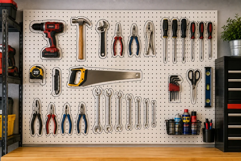 Garage pegboard with hand tools arranged around their outlines for easy identification and organization.