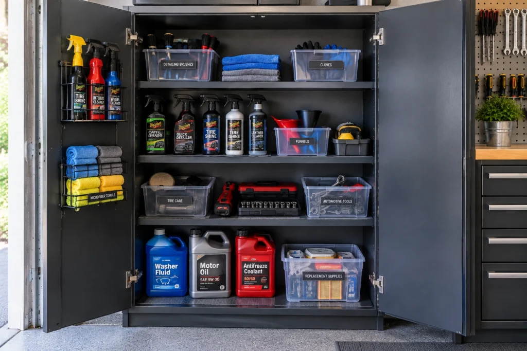 Garage cabinet dedicated to automotive supplies with microfiber towels, detailing brushes, cleaners, gloves, funnels, and tools.