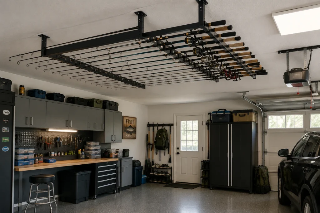 Ceiling-mounted fishing rod rack storing multiple fishing rods above a garage workspace.
