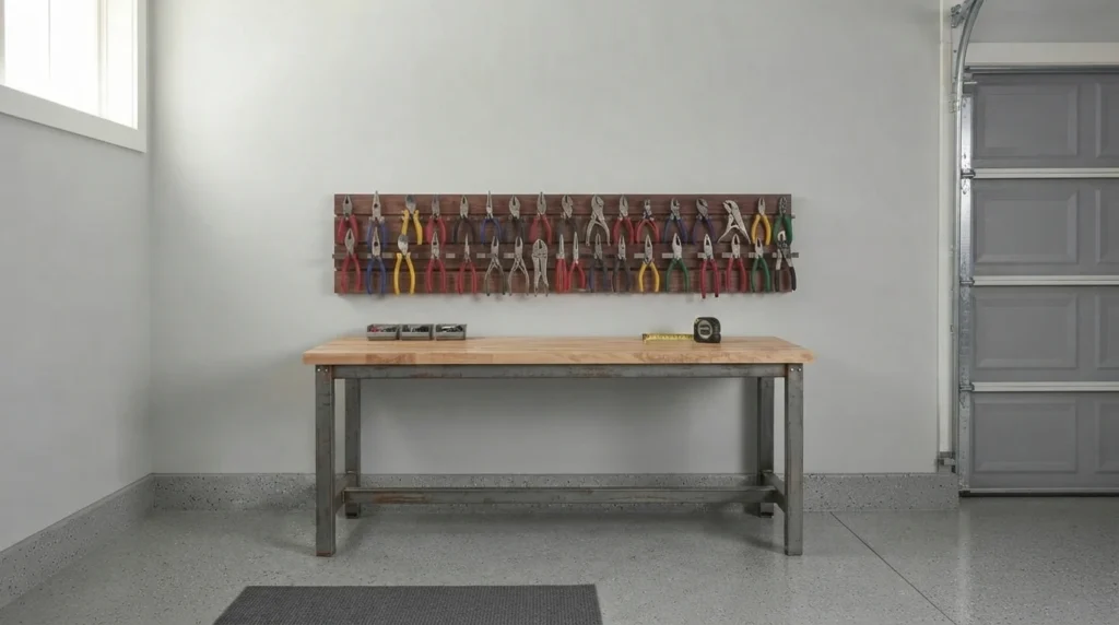 Straight-on centered view of an organized pliers and wire cutters rack above a workbench on a clean garage wall.