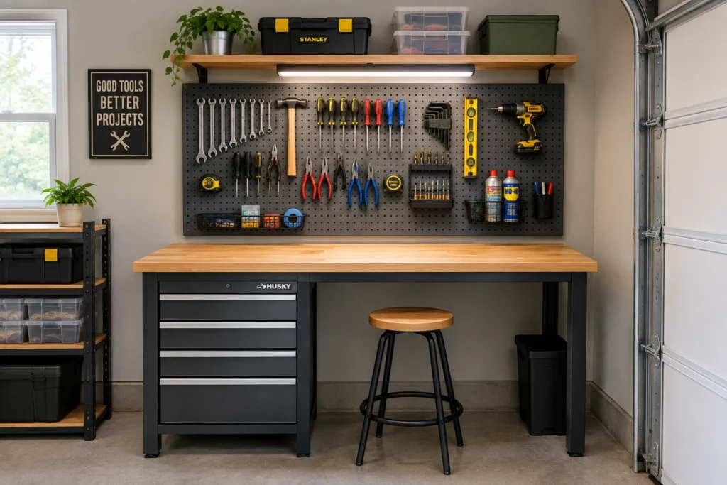 Compact pegboard above a garage workbench for organizing frequently used tools.
