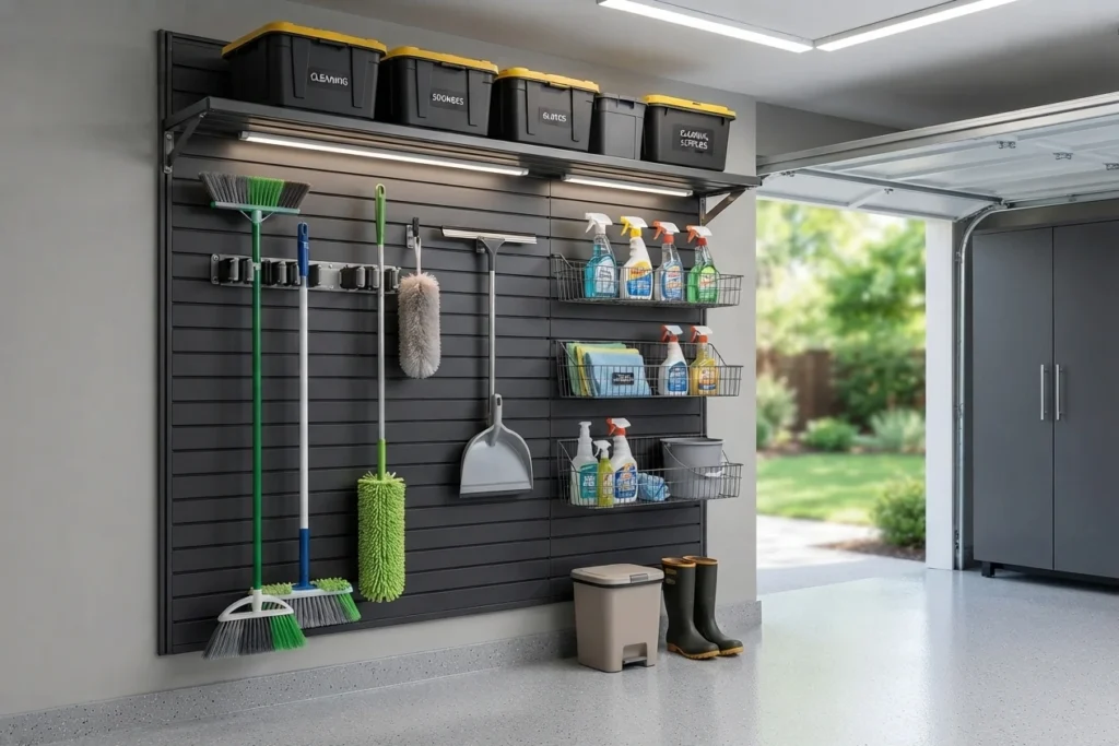 A neatly organized wall-mounted station in a garage holding brooms, mops, and cleaning supplies in baskets, with labeled storage bins above.