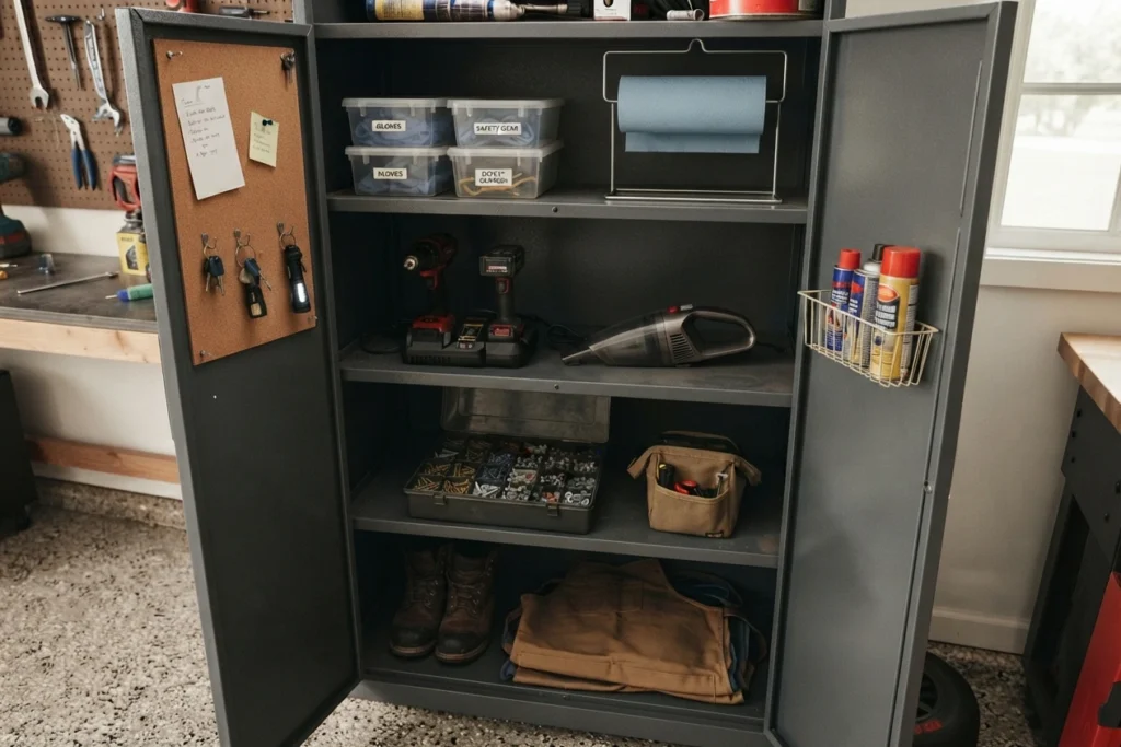 An open, high-end dark grey metal garage cabinet optimized for daily use, featuring cordless drills, safety glasses, and an open grab-and-go tool caddy.