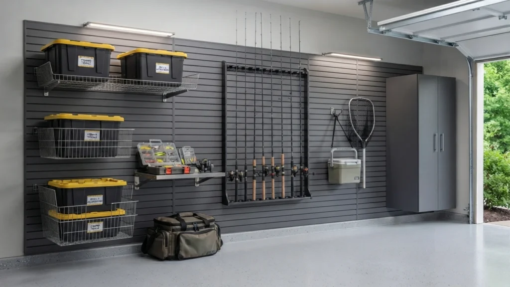 A well-organized garage wall featuring a specialized vertical fishing rod rack, tackle boxes, and storage bins on a dark grey slatwall system.
