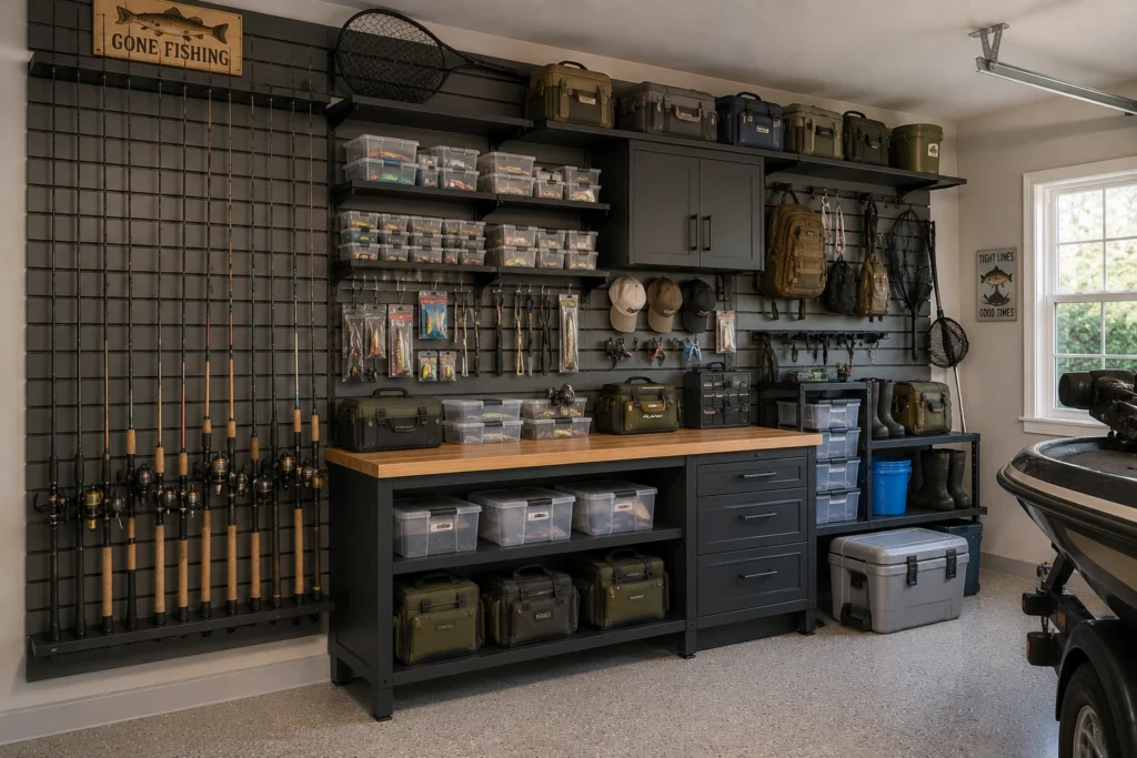 Dedicated garage fishing gear wall with fishing rods, tackle boxes, reels, nets, bags, and accessories.