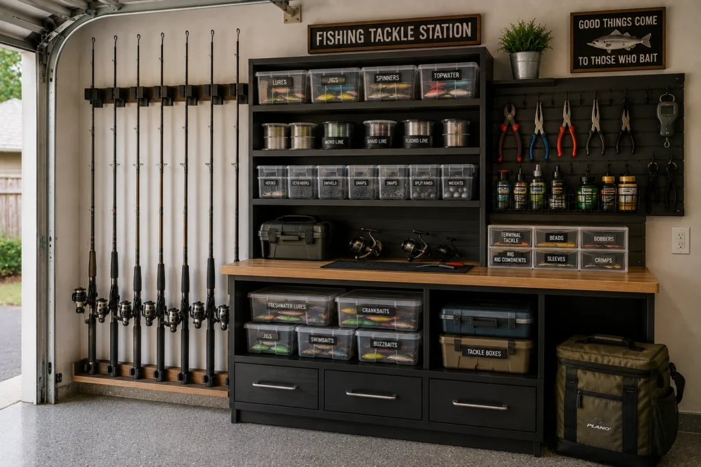 Dedicated garage fishing tackle station with rods, lures, fishing line, hooks, tools, reels, and tackle boxes.