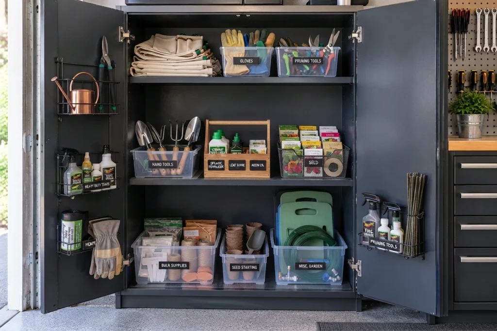 Open garage cabinet organized with dedicated garden supplies including hand trowels, pruning tools, gloves, and seed packets.
