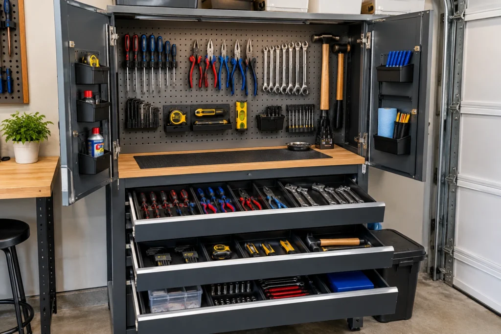 Dedicated garage cabinet organizing screwdrivers pliers wrenches hammers and hand tools.