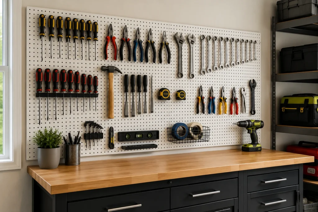Dedicated garage hand tool wall with neatly organized screwdrivers, pliers, wrenches, hammers, measuring tools, and other frequently used tools arranged on a white pegboard above a wooden workbench.