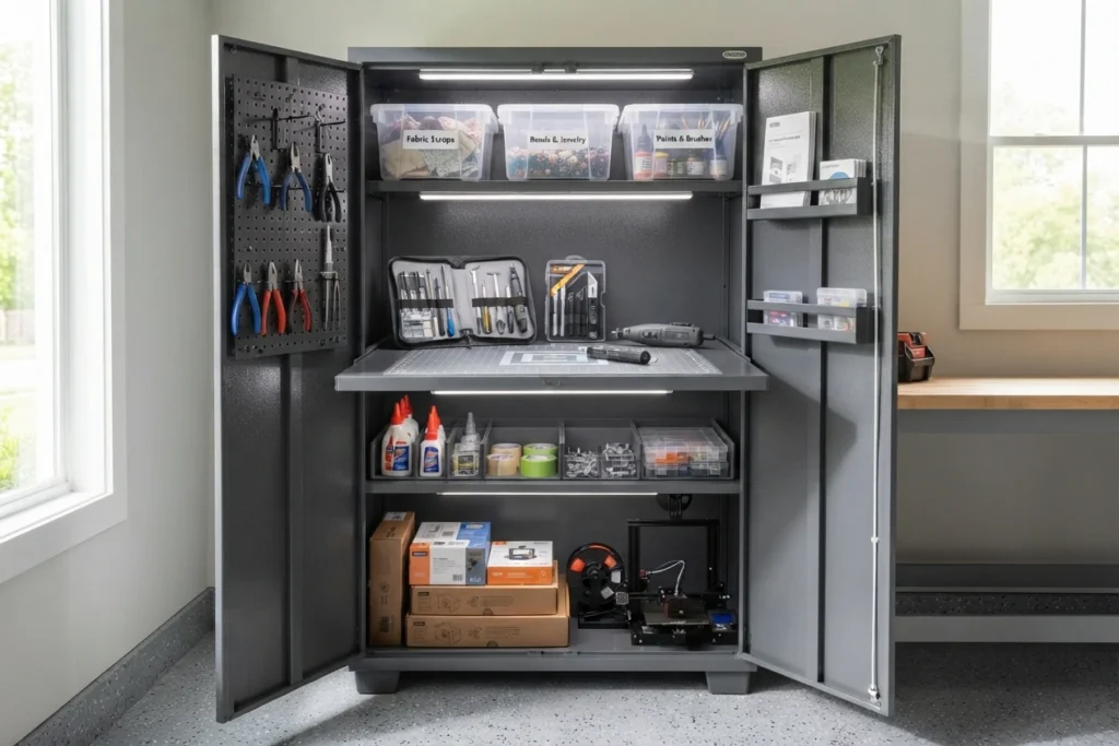 An open garage storage cabinet, consistent with the metal design, fully organized with dedicated hobby and project supplies like craft paints, small tools, and project bins.