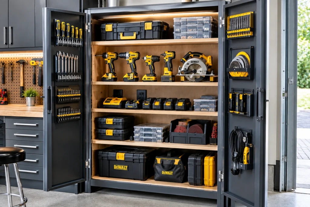 Open garage cabinet organized with power tools, batteries, chargers, and accessories.