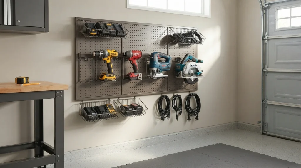 A clean and organized power tool station featuring various branded cordless tools and battery chargers on a metal rack in a home garage.