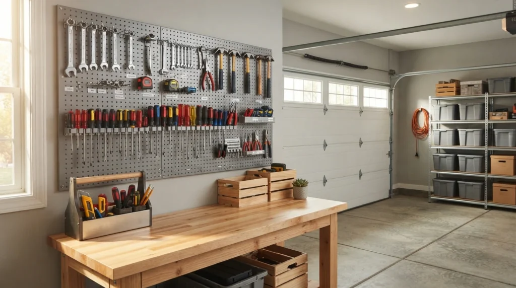 Clean American garage wall featuring a pegboard with a dedicated and organized screwdriver section above a workbench.