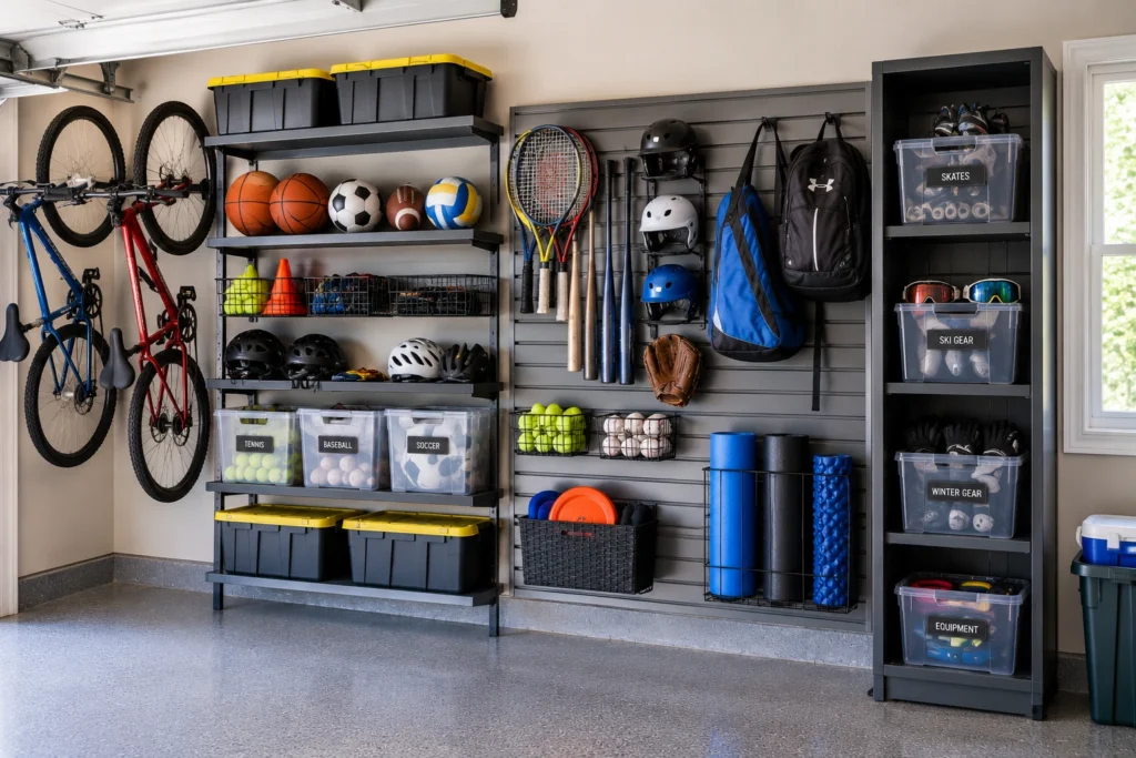 Dedicated garage sports equipment zone with bikes, balls, helmets, bats, rackets, sports bags, and storage bins.