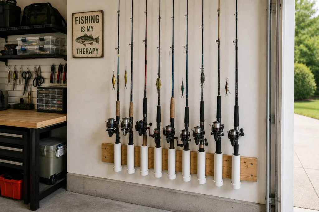 DIY PVC fishing rod holder mounted on a wooden board in a garage.