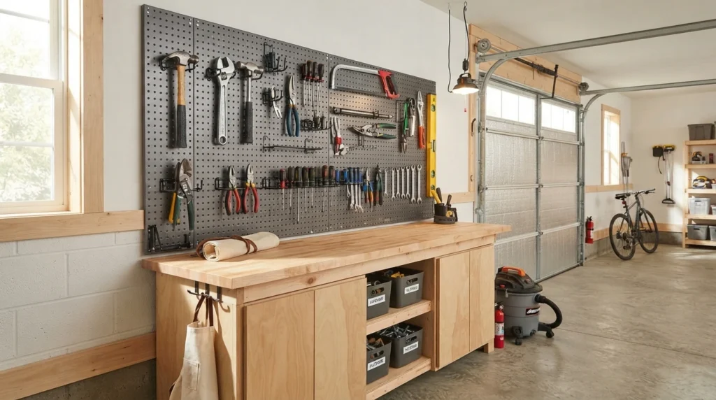 Garage pegboard wall featuring larger hand tools secured with sturdy double hooks for stability and balanced support.