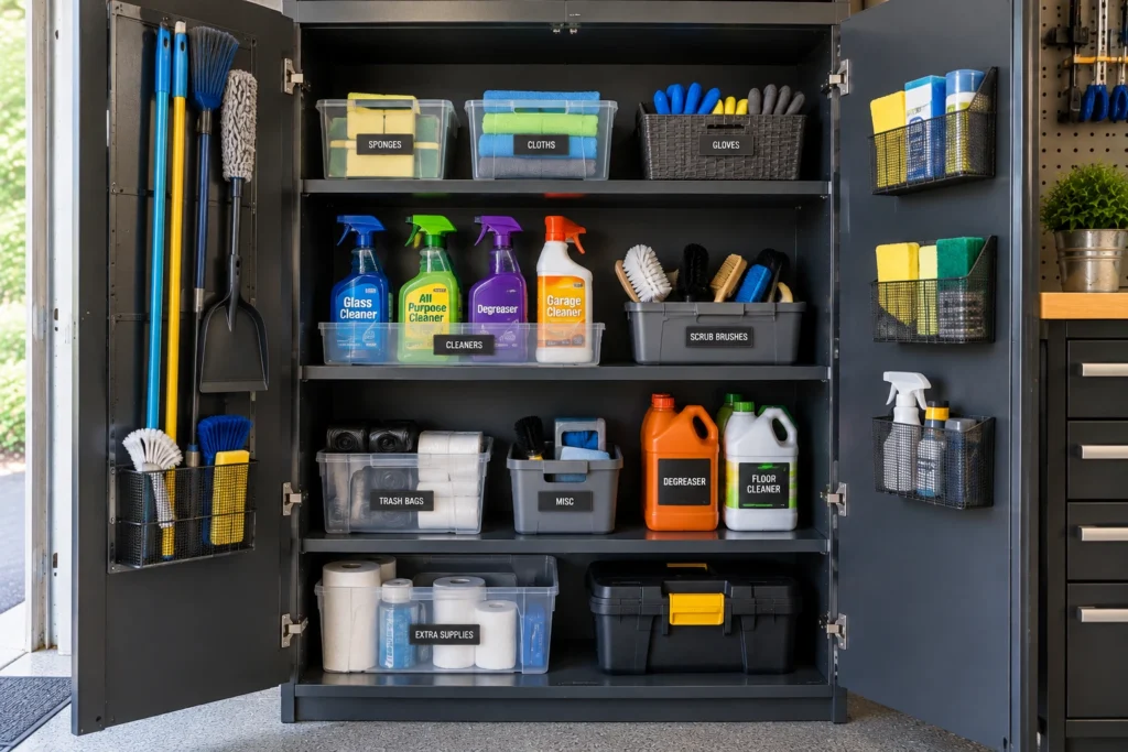 Easy-to-reach garage cleaning cabinet with brushes, sponges, cloths, cleaners, gloves, and trash bags.