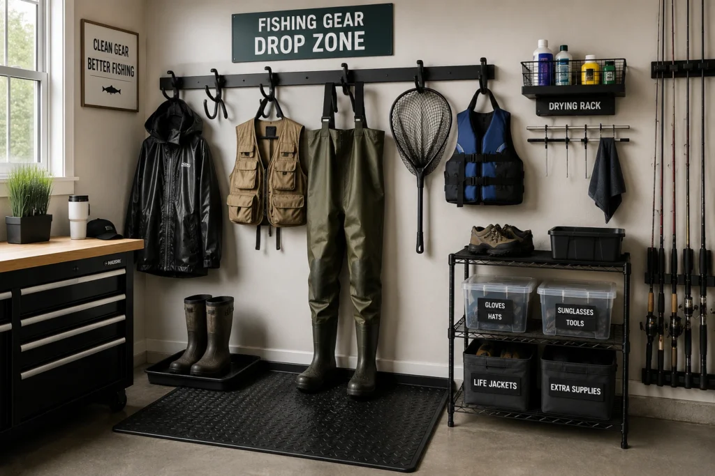 Fishing gear drop zone for wet equipment in an organized garage.