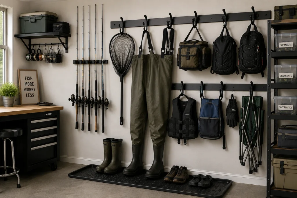 Garage hooks organizing fishing nets waders bags and accessories.