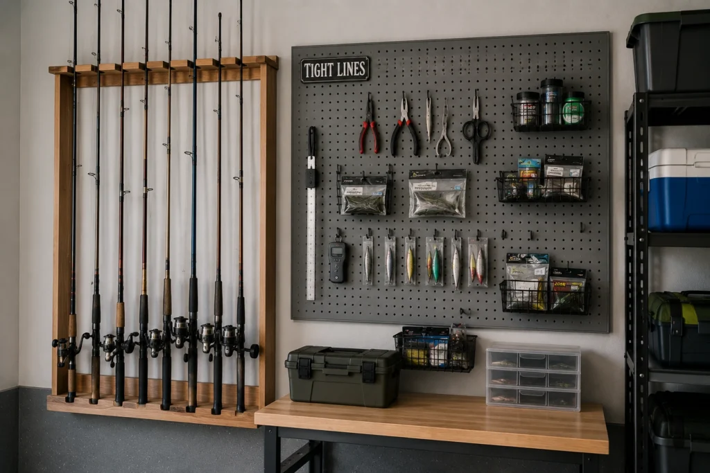 Fishing rod storage combined with a pegboard for organizing fishing tools and accessories in a garage.